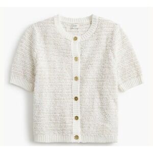 NWT J.Crew Size Medium Shimmer Texture Sweater Cream Gold Button Short Sleeve